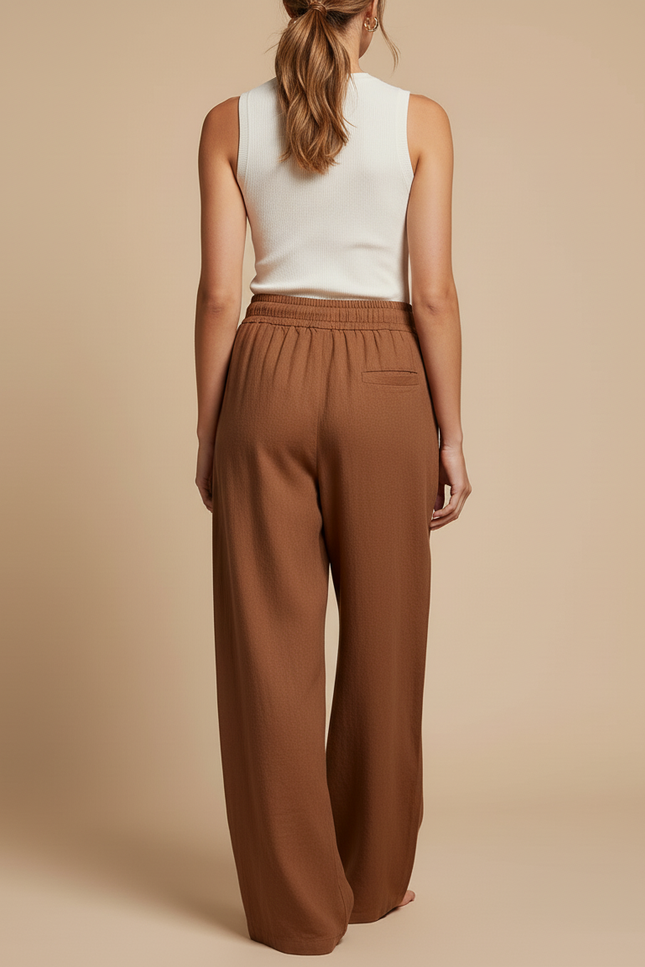 Pantalon Baggy Marron Lin Ample Fluide Cordon Décontracté - vue 2