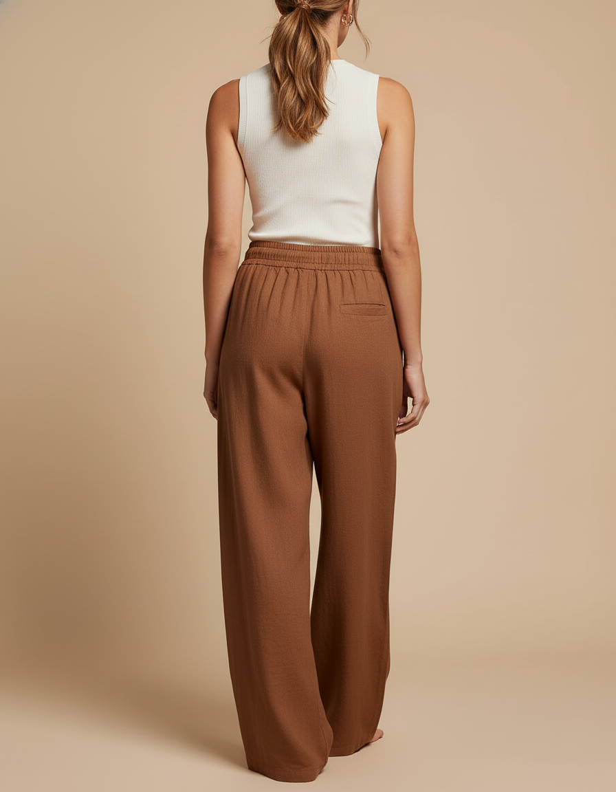 Pantalon Baggy Marron Lin Ample Fluide Cordon Décontracté - vue 2