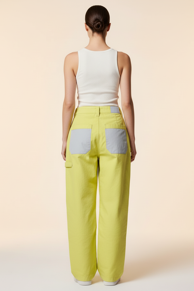 Pantalon Baggy Jaune Patchwork Gris Décontracté - Toile - vue 2