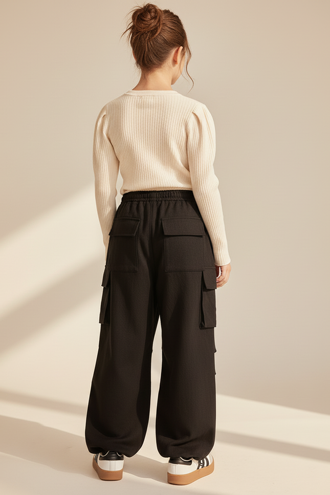 Pantalon Baggy Noir Ample Poches Cargo Cordon - Molleton - vue 2
