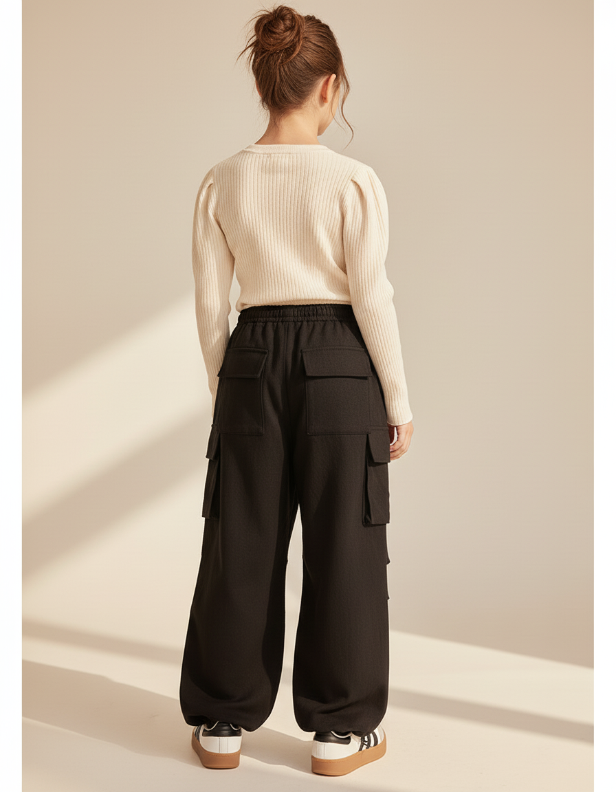 Pantalon Baggy Noir Ample Poches Cargo Cordon - Molleton - vue 2