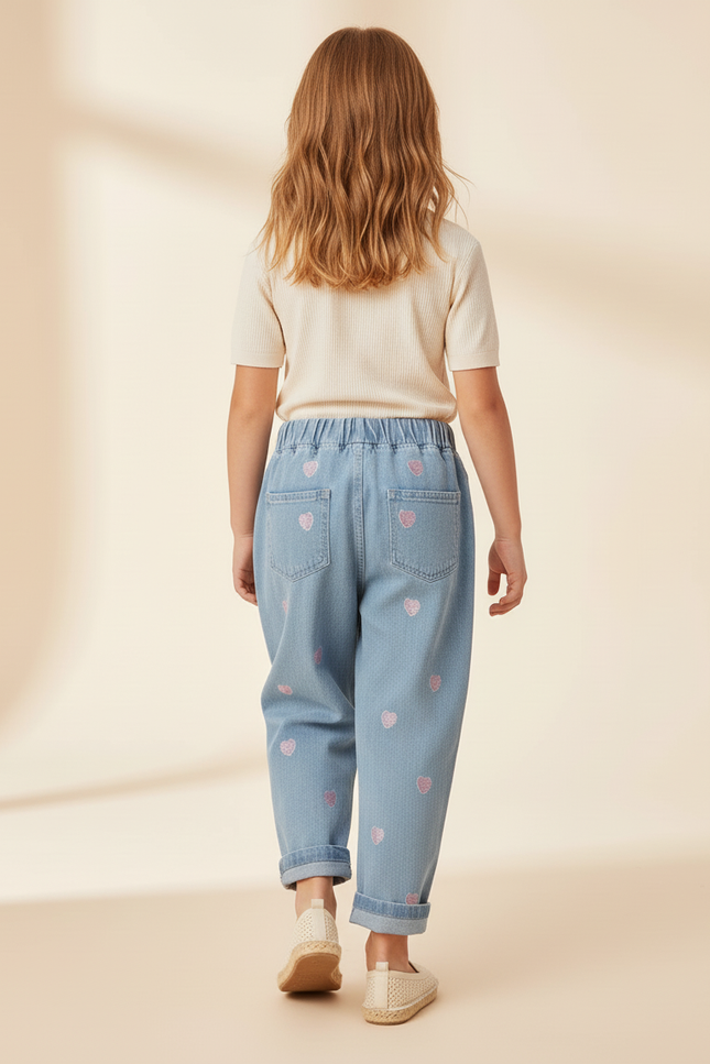 Pantalon Baggy Coeurs Brodés Bleu Clair Ample Fille - Jean - vue 2