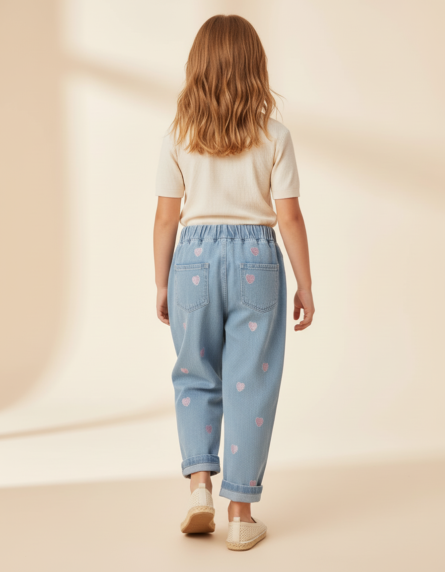 Pantalon Baggy Coeurs Brodés Bleu Clair Ample Fille - Jean - vue 2