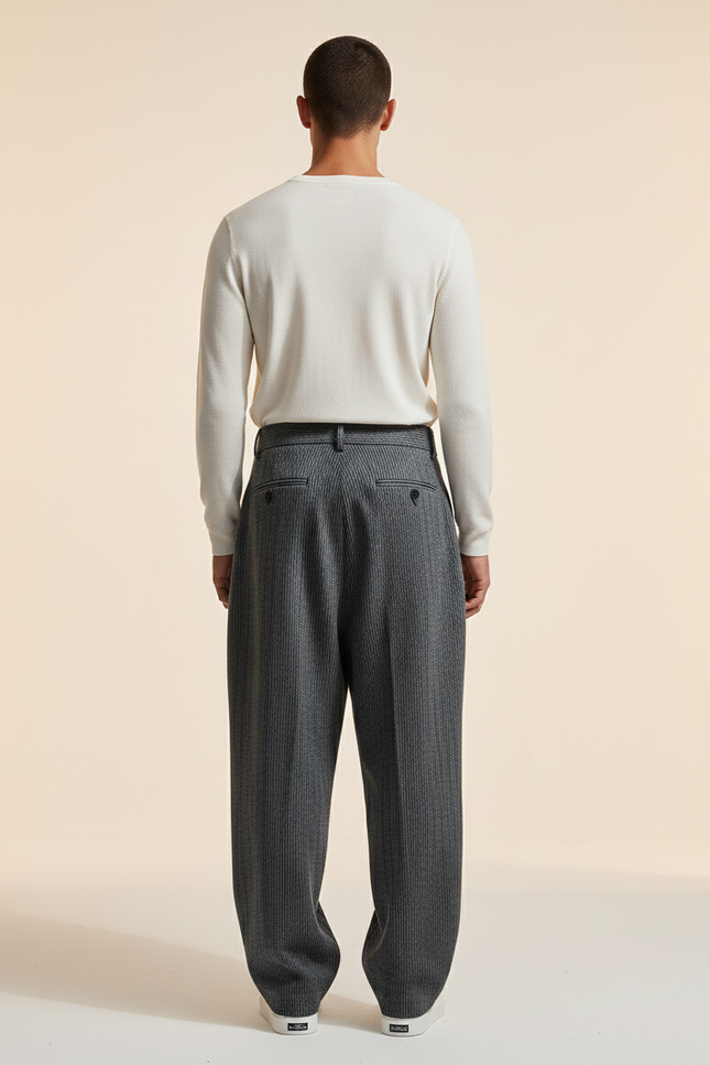 Pantalon Baggy Gris Rayé Ample Plissé Laine Homme - vue 2