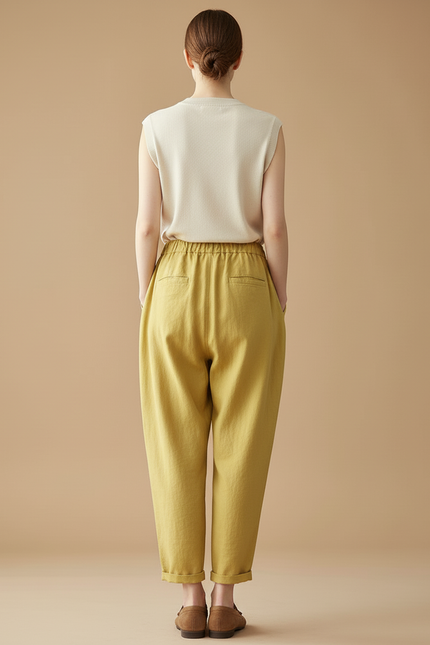 Pantalon Baggy Jaune Lin Ample Cordon Décontracté Femme - vue 2