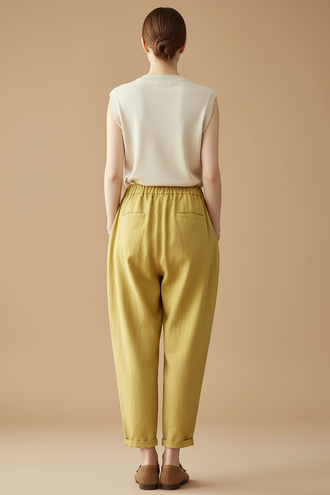 Pantalon Baggy Jaune Lin Ample Cordon Décontracté Femme - vue 2