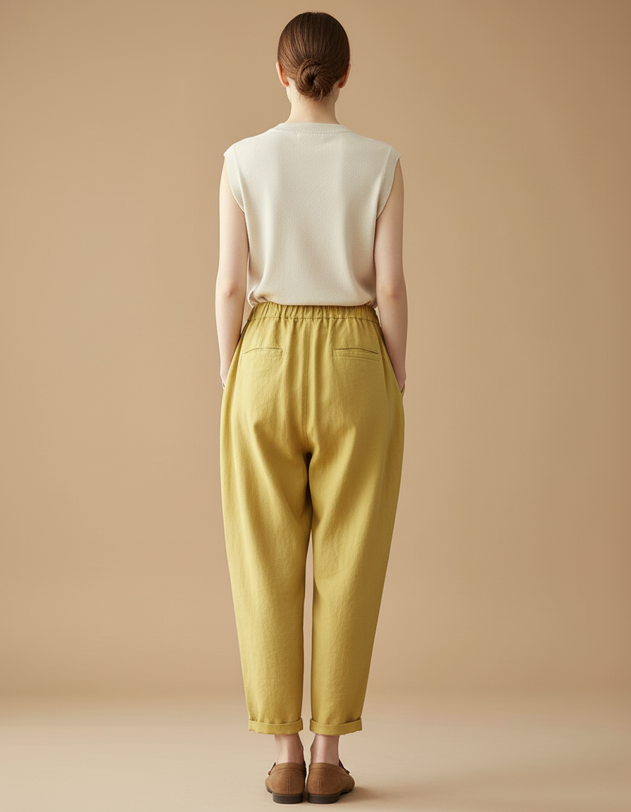 Pantalon Baggy Jaune Lin Ample Cordon Décontracté Femme - vue 2
