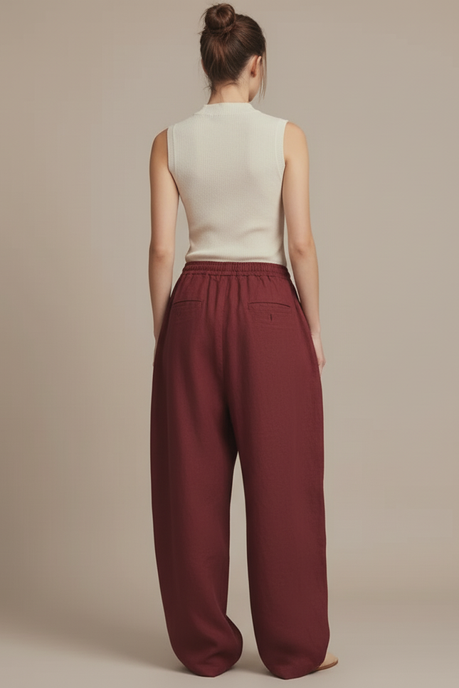 Pantalon Baggy Bordeaux Lin Fluide Taille Haute - vue 2