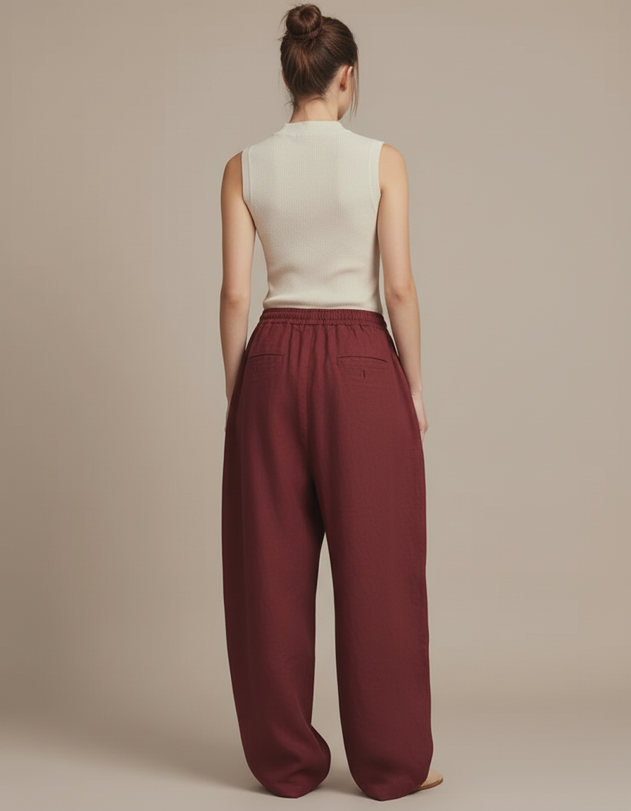 Pantalon Baggy Bordeaux Lin Fluide Taille Haute - vue 2