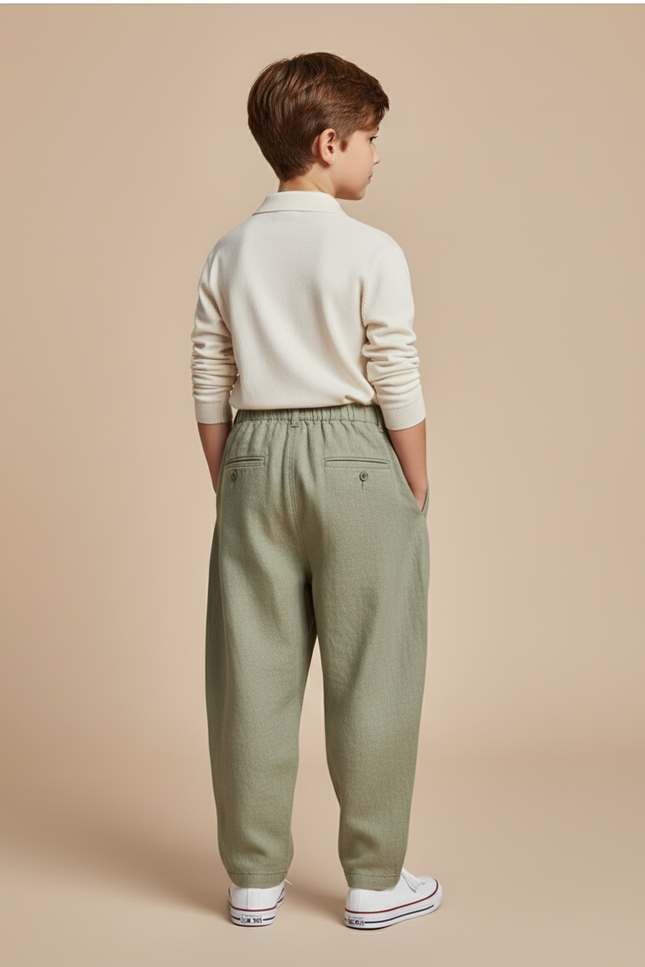 Pantalon Baggy Vert Olive Ample Lin Plissé Enfant - Kaki - vue 2