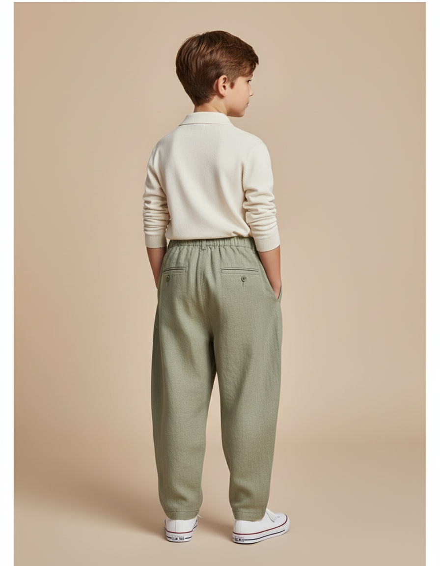 Pantalon Baggy Vert Olive Ample Lin Plissé Enfant - Kaki - vue 2