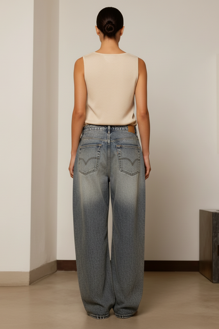 Pantalon Baggy Denim Décontracté Bleu Motifs Géométriques - Jean - vue 2