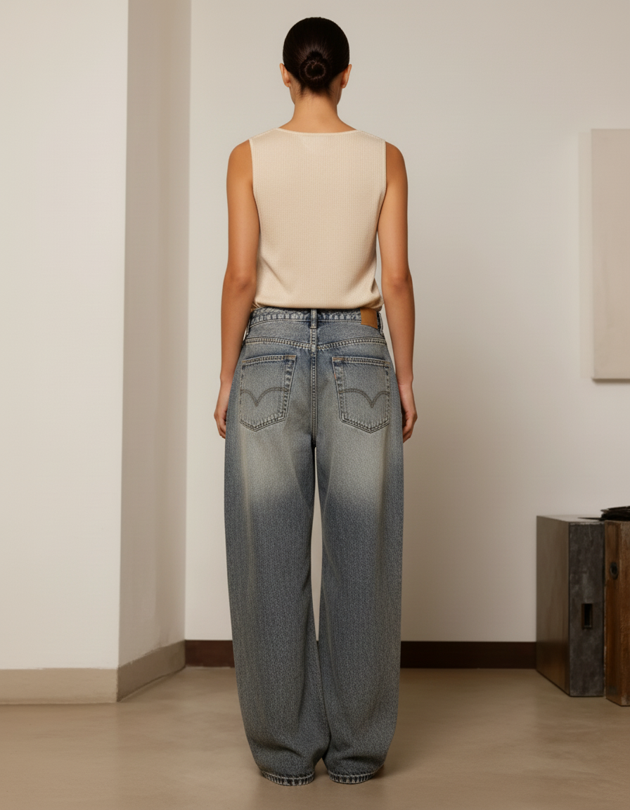Pantalon Baggy Denim Décontracté Bleu Motifs Géométriques - Jean - vue 2