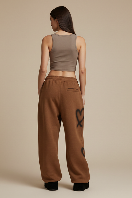 Pantalon Baggy Marron Cœurs Ample Molletonné Femme - vue 2