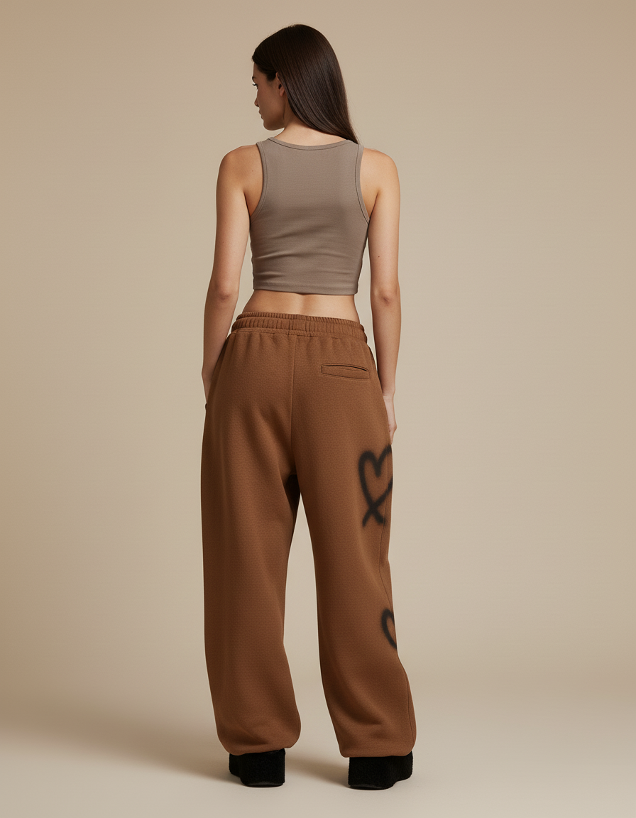 Pantalon Baggy Marron Cœurs Ample Molletonné Femme - vue 2