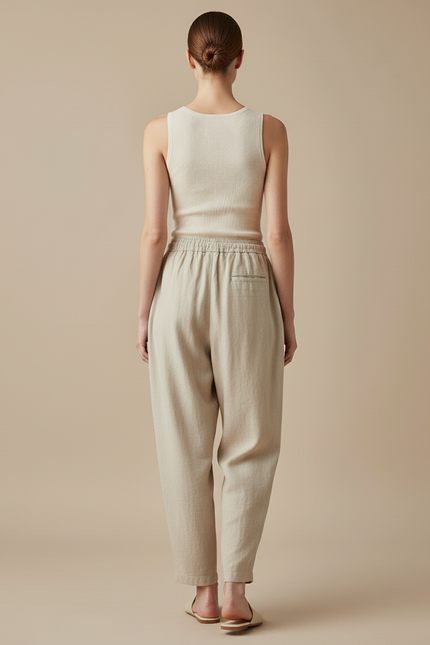 Pantalon Baggy Beige Lin Ample Cordon Taille Haute - vue 2