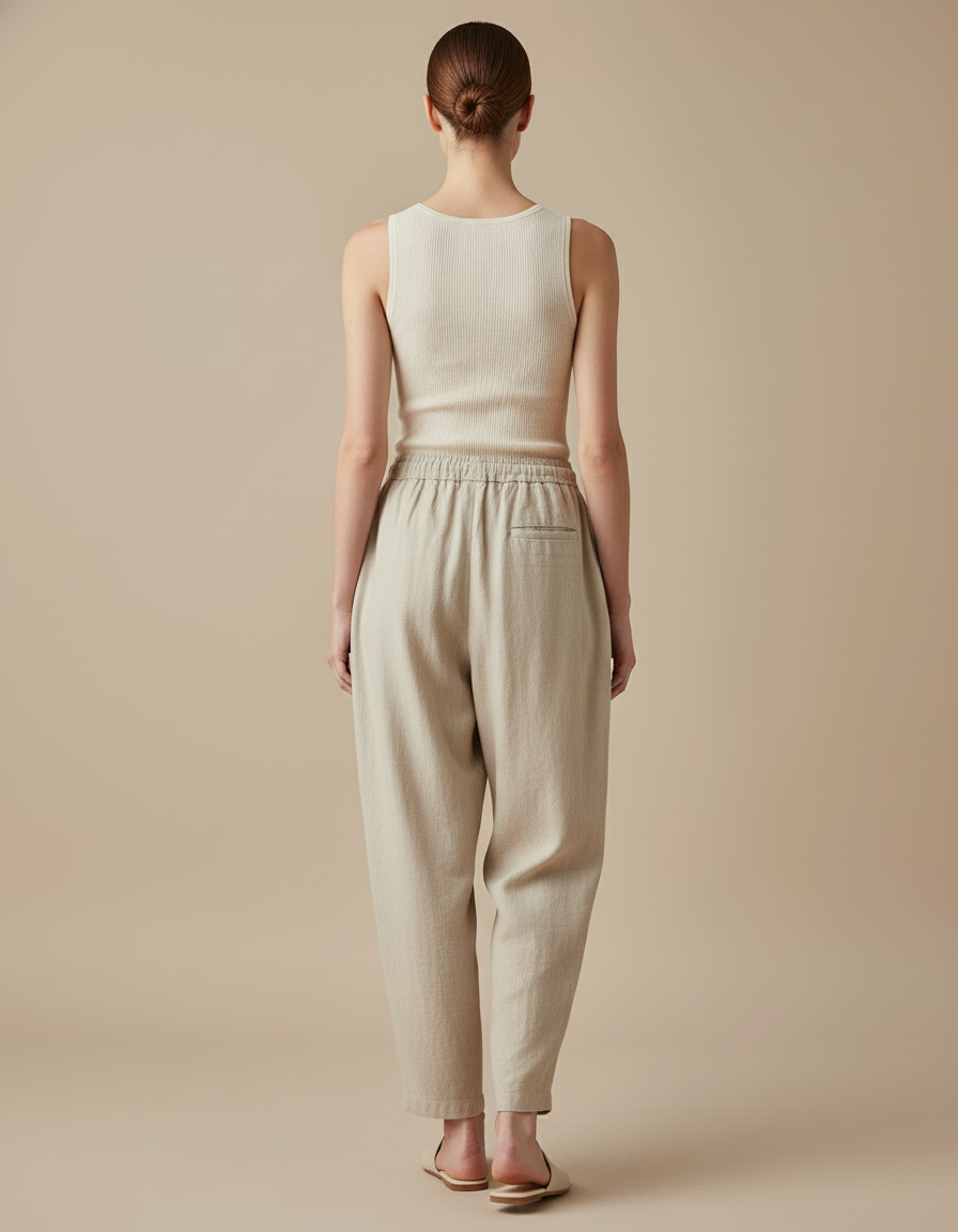 Pantalon Baggy Beige Lin Ample Cordon Taille Haute - vue 2