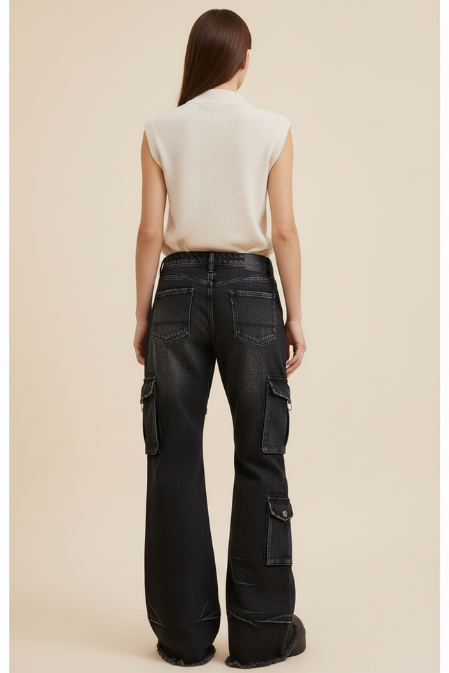 Pantalon Baggy Noir Délavé Patchwork Cargo Y2K Femme - Jean - vue 2