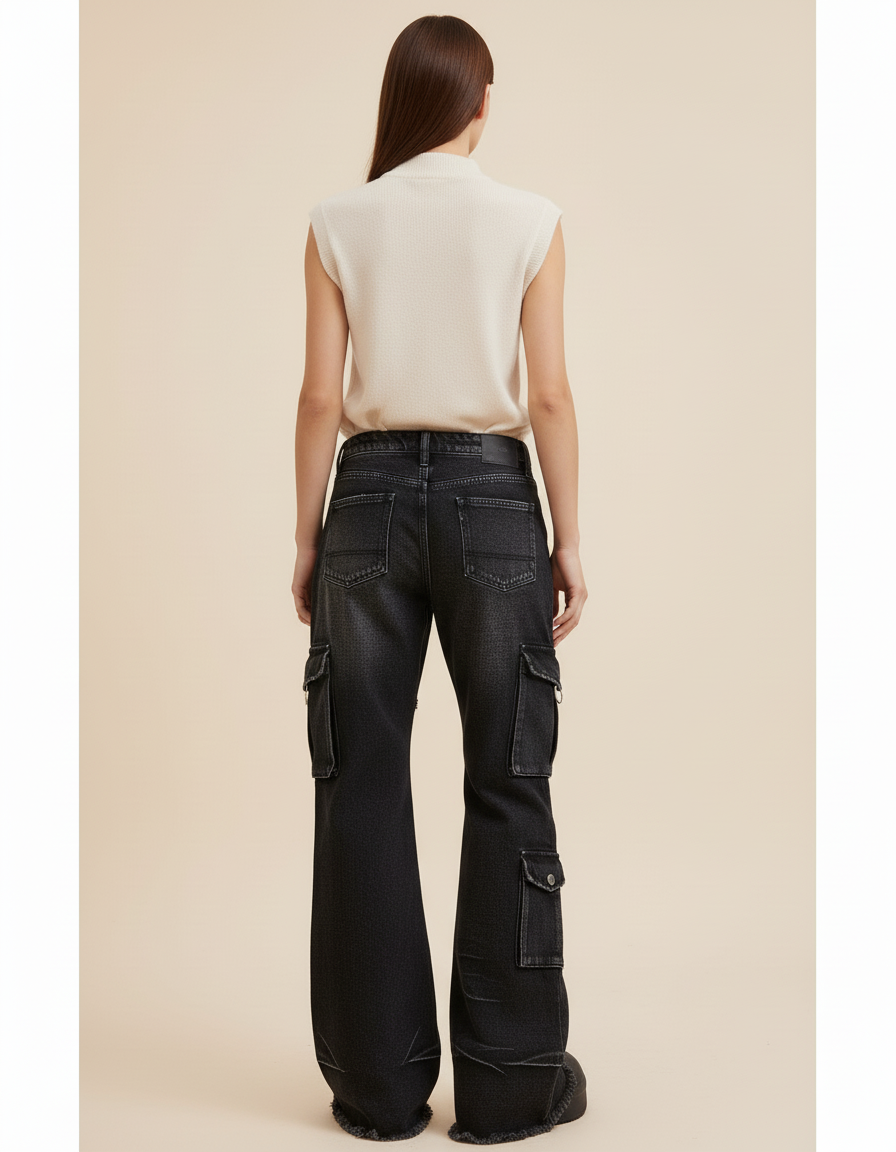 Pantalon Baggy Noir Délavé Patchwork Cargo Y2K Femme - Jean - vue 2