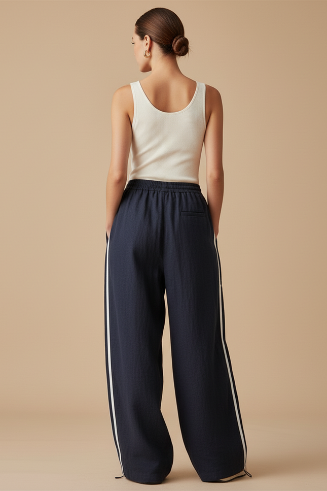Pantalon Baggy Bleu Marine Rayures Blanches Ample Sportif - Lin - vue 2