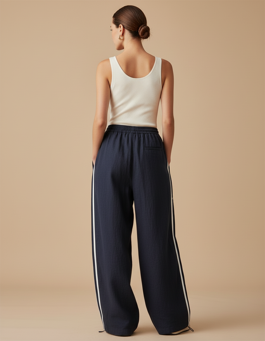 Pantalon Baggy Bleu Marine Rayures Blanches Ample Sportif - Lin - vue 2