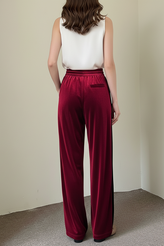 Pantalon Baggy Velours Rouge Ample Taille Haute - Bordeaux - vue 2