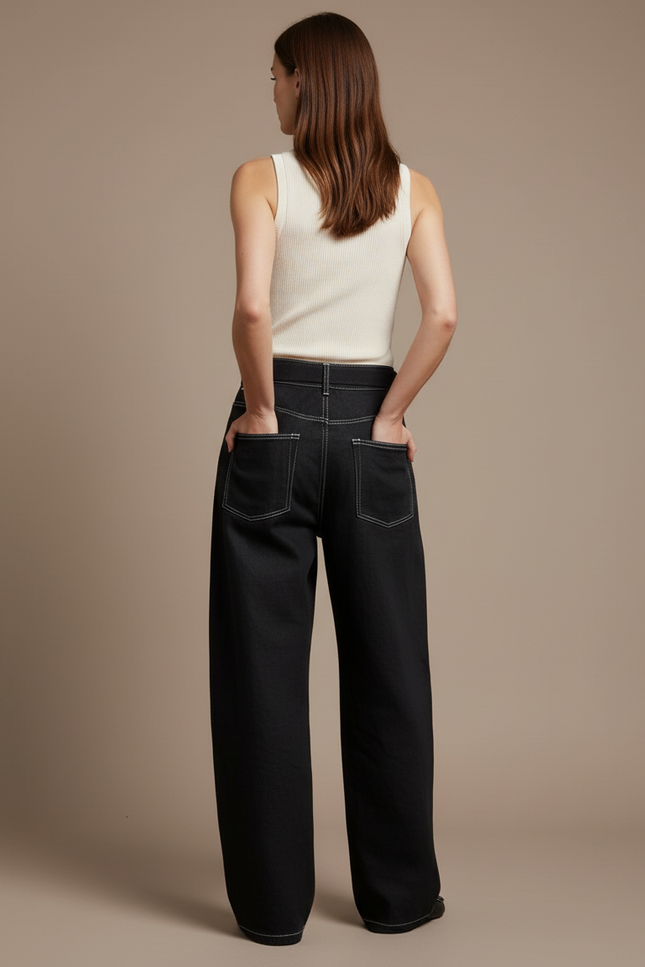 Pantalon Baggy Noir Ample Taille Haute Surpiqûres Femme - Jean - vue 2