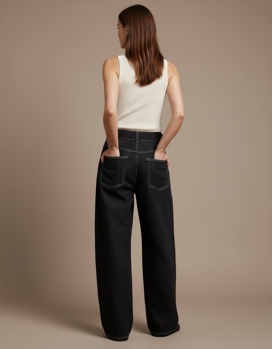 Pantalon Baggy Noir Ample Taille Haute Surpiqûres Femme - Jean - vue 2