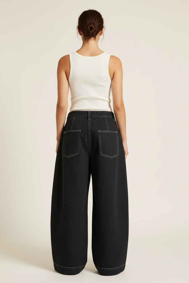 Pantalon Baggy Noir Brodé Large Vert Femme - Jean - vue 2