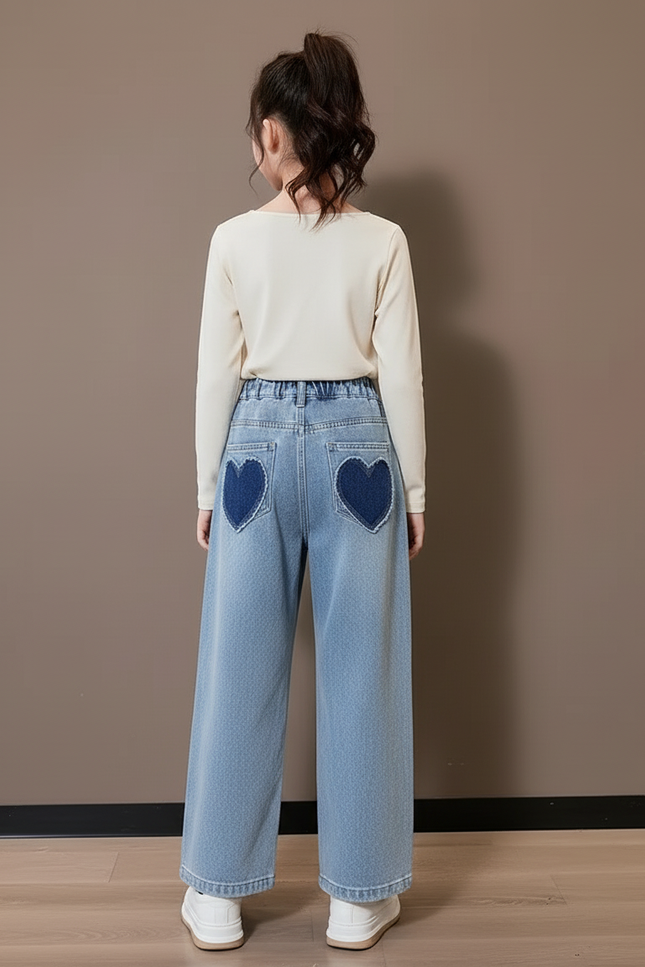 Pantalon Baggy Jean Bleu Cœurs Ample Fille - vue 2