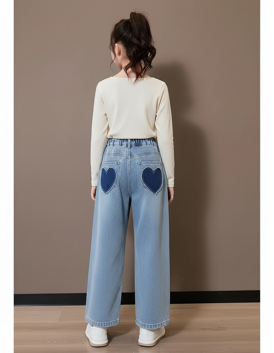 Pantalon Baggy Jean Bleu Cœurs Ample Fille - vue 2