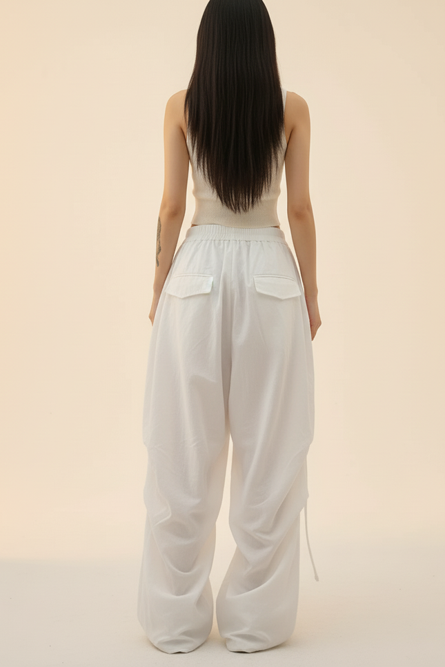 Pantalon Baggy Blanc Fluide Ample Streetwear Léger - Lin - vue 2
