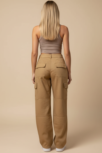 Pantalon Baggy Cargo Marron Ample Taille Haute Décontracté - Camel Toile - vue 2