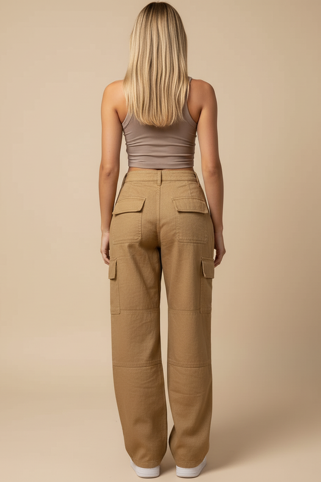 Pantalon Baggy Cargo Marron Ample Taille Haute Décontracté - Camel Toile - vue 2