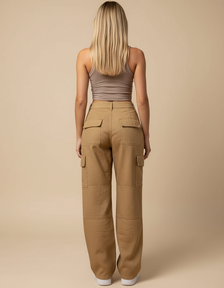 Pantalon Baggy Cargo Marron Ample Taille Haute Décontracté - Camel Toile - vue 2
