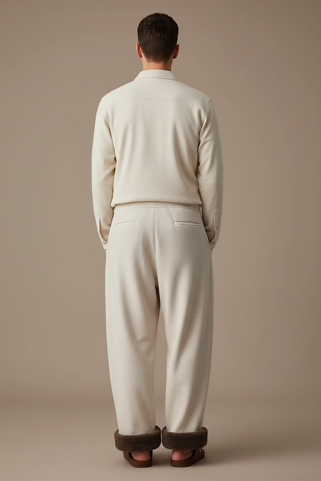 Pantalon Baggy Crème Côtelé Doublé Hiver Homme - Beige Cordé - vue 2