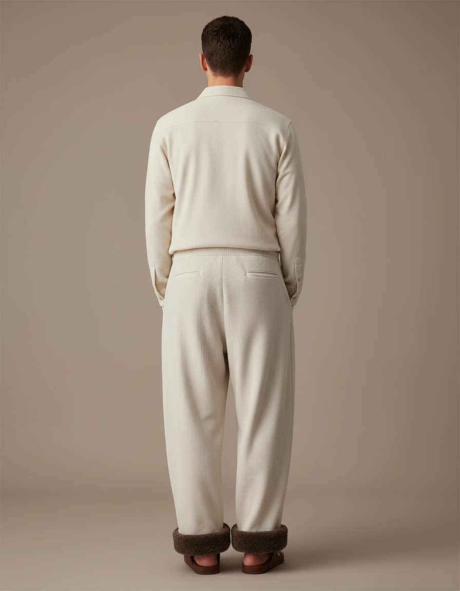 Pantalon Baggy Crème Côtelé Doublé Hiver Homme - Beige Cordé - vue 2