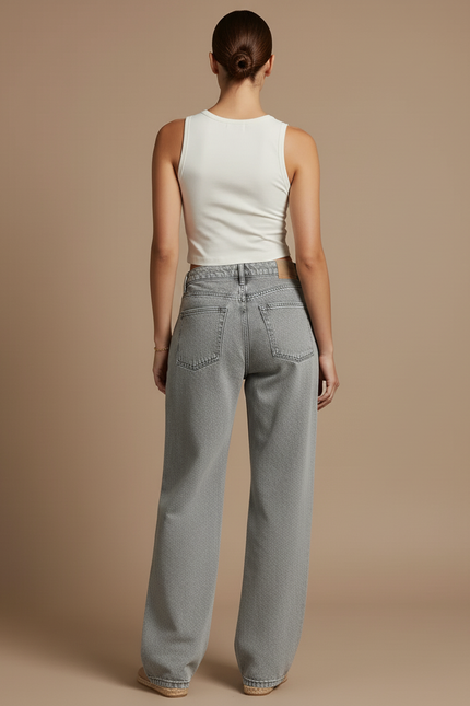 Pantalon Baggy Jean Gris Clair Ample Décontracté - vue 2