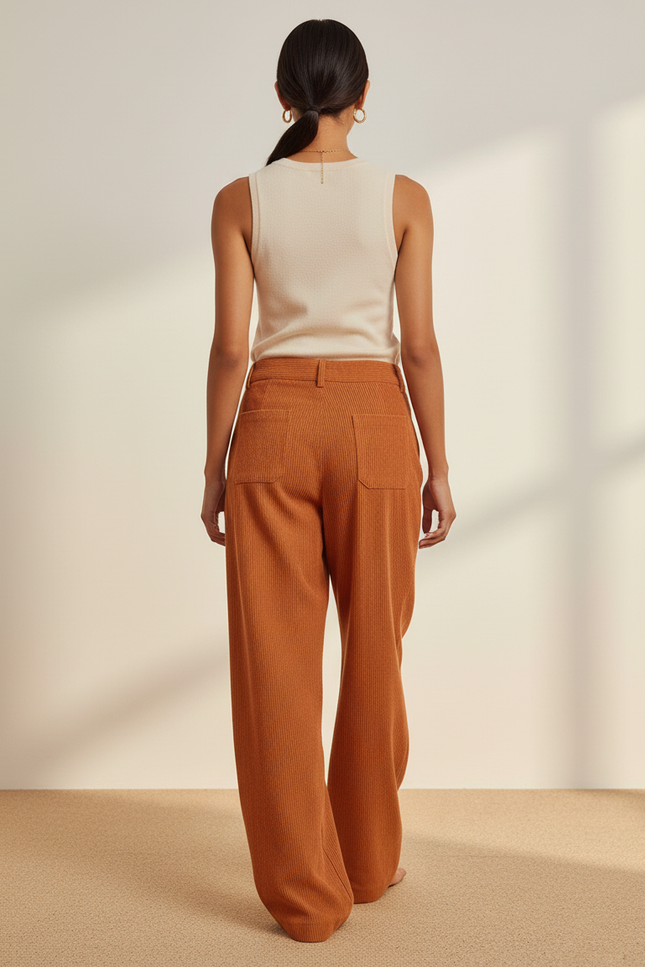 Pantalon Baggy Côtelé Ample Orange Taille Haute Décontracté - Cordé - vue 2