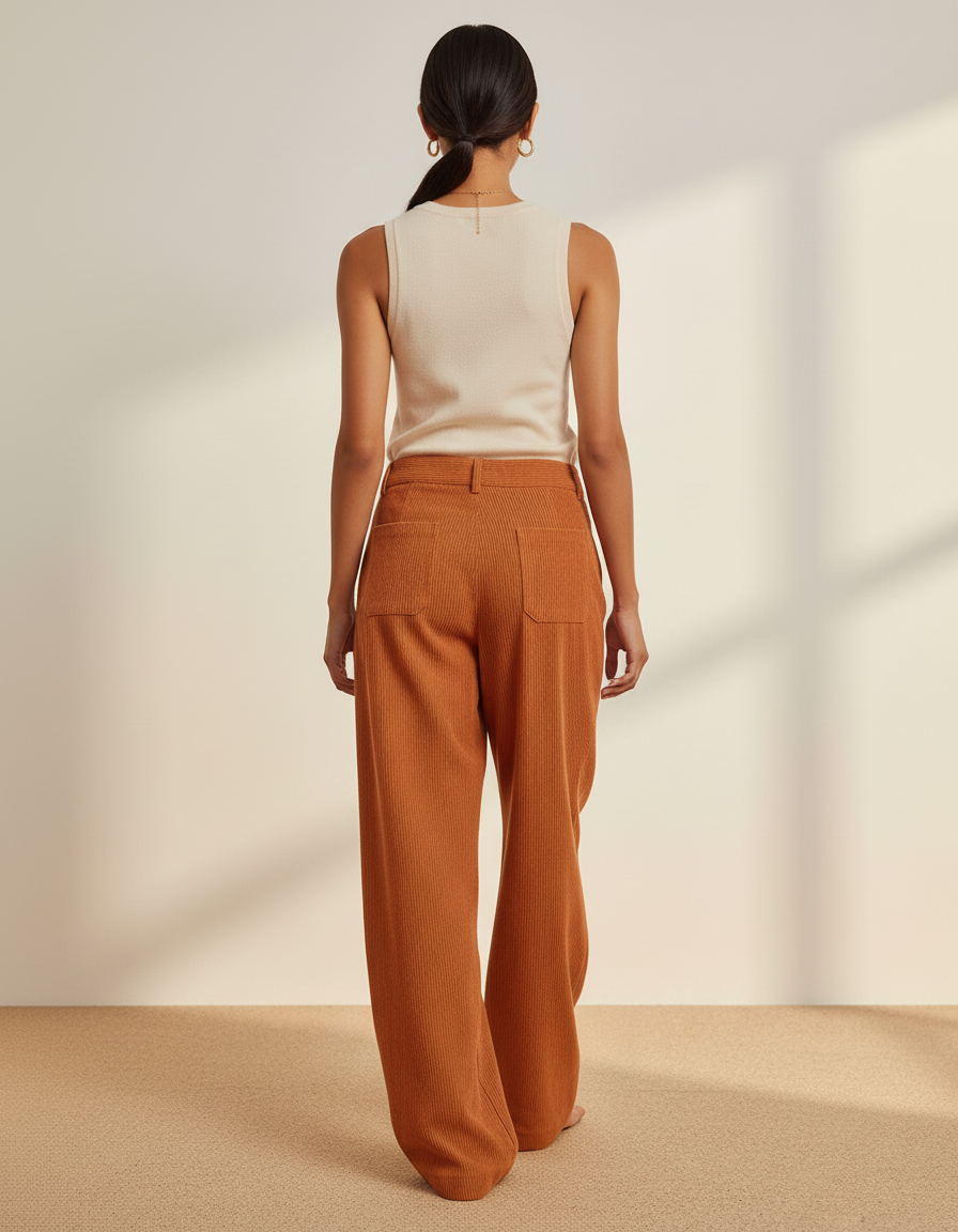 Pantalon Baggy Côtelé Ample Orange Taille Haute Décontracté - Cordé - vue 2