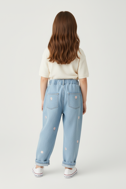 Pantalon Baggy Denim Bleu Clair Brodé Fleurs Fille - Jean - vue 2