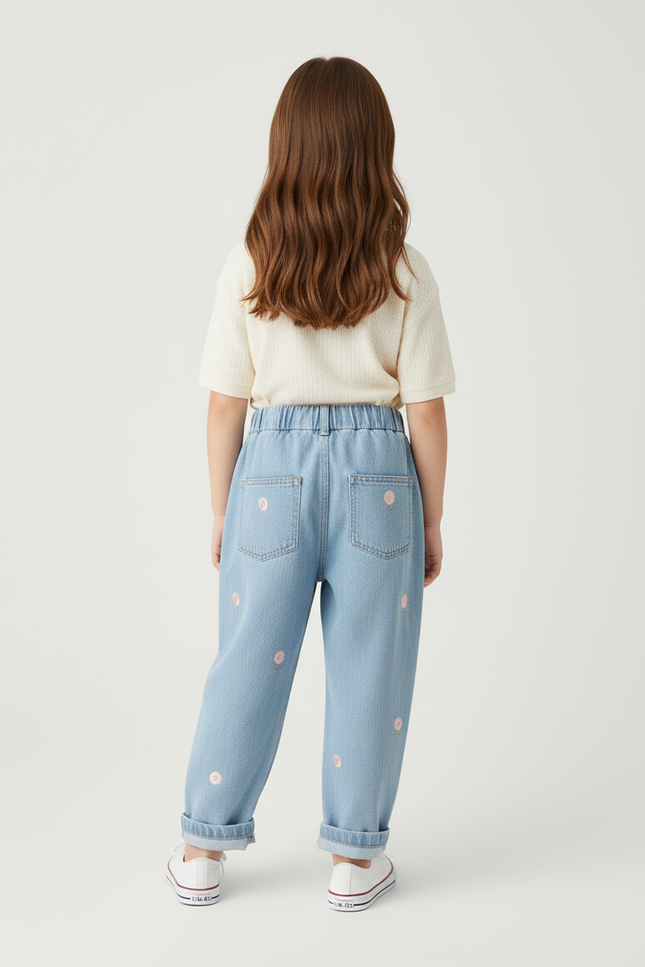 Pantalon Baggy Denim Bleu Clair Brodé Fleurs Fille - Jean - vue 2
