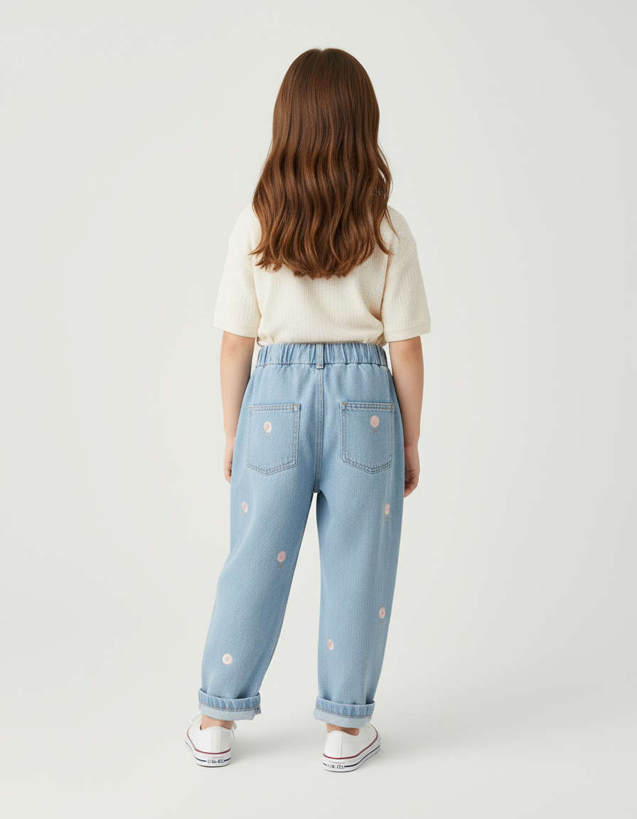 Pantalon Baggy Denim Bleu Clair Brodé Fleurs Fille - Jean - vue 2