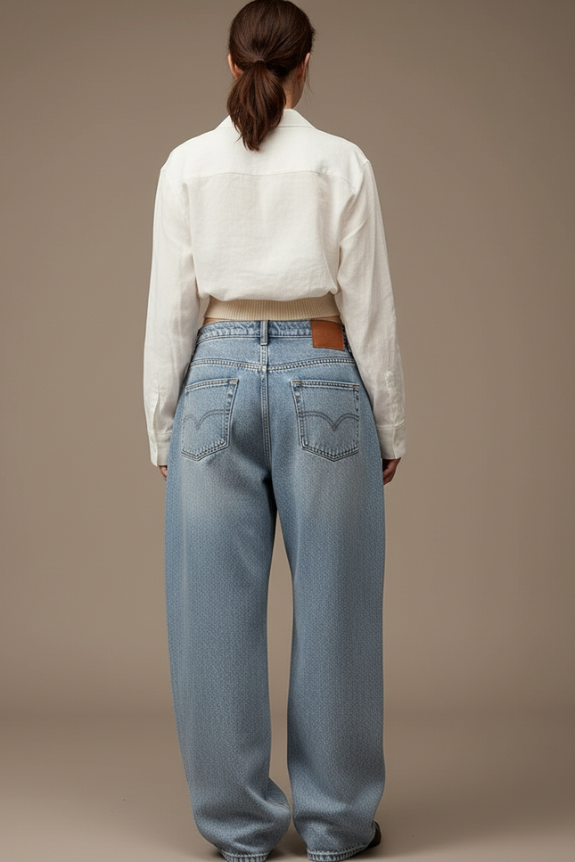 Pantalon Baggy Jean Bleu Ample Plissé Décontracté - vue 2