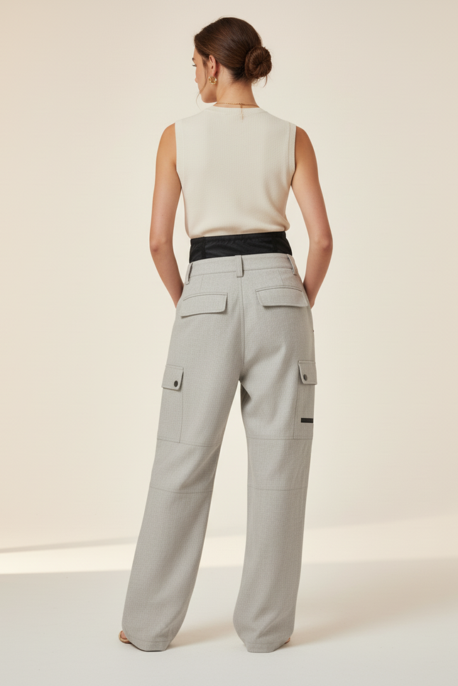Pantalon Baggy Gris Clair Cargo Taille Haute - Gabardine - vue 2