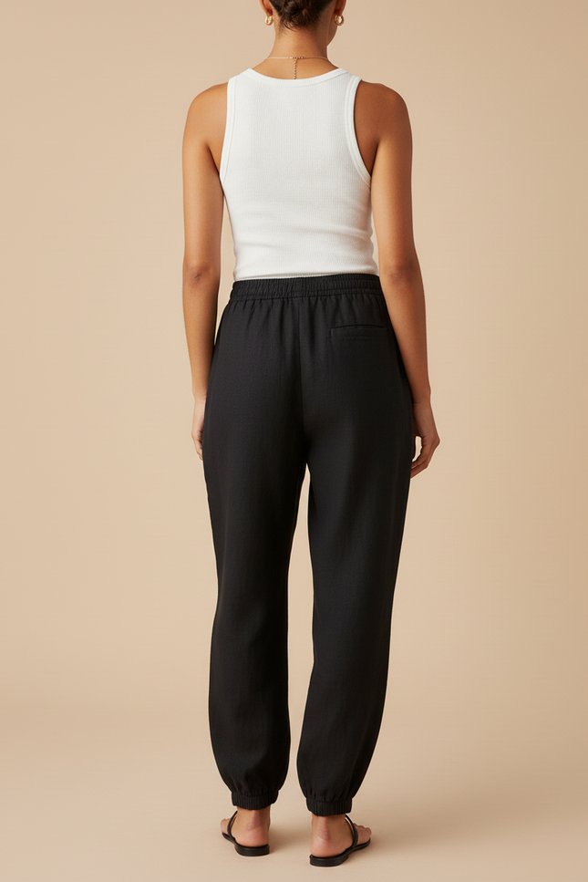 Pantalon Baggy Noir Lin Ample Élastique Femme - vue 2