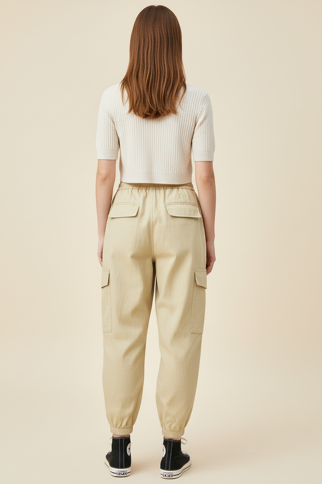 Pantalon Baggy Cargo Ample Beige Taille Haute - Toile - vue 2
