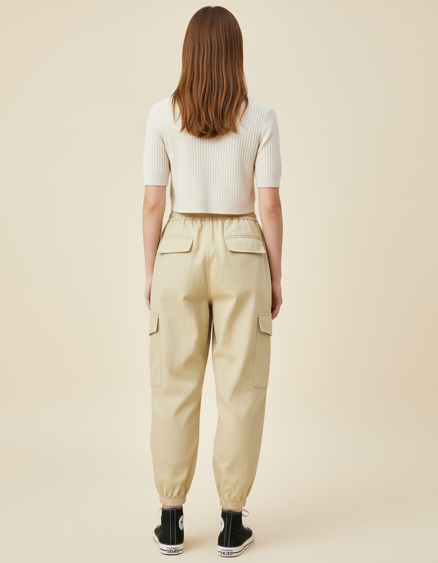 Pantalon Baggy Cargo Ample Beige Taille Haute - Toile - vue 2