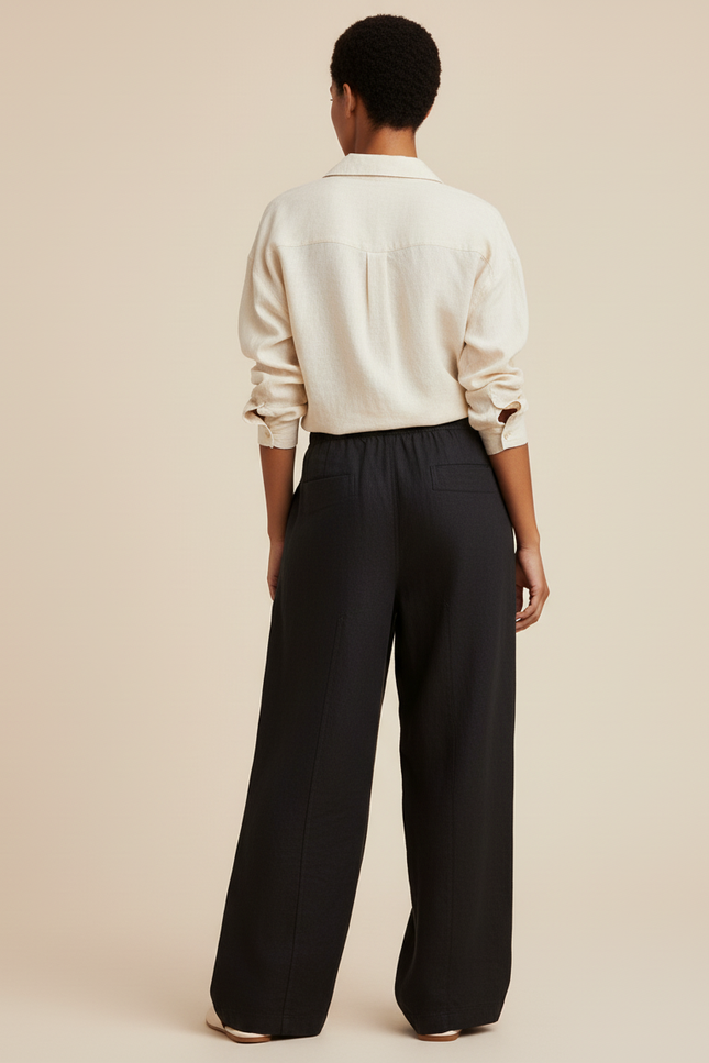 Pantalon Baggy Noir Lin Ample Poches Fluide - vue 2