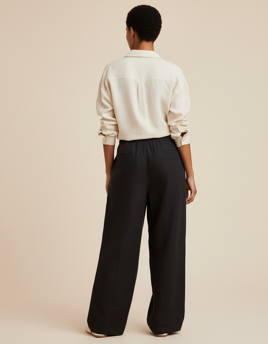 Pantalon Baggy Noir Lin Ample Poches Fluide - vue 2